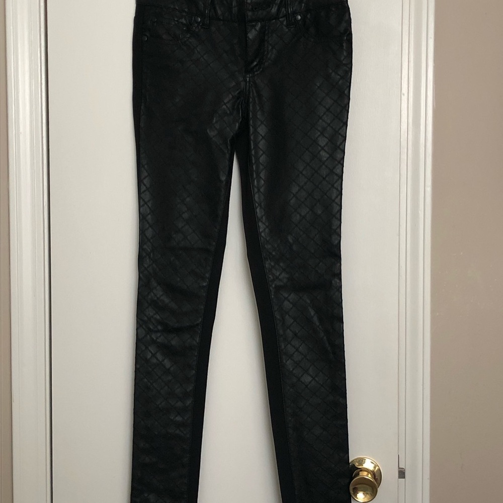 Black jean leggings pants with faux leather